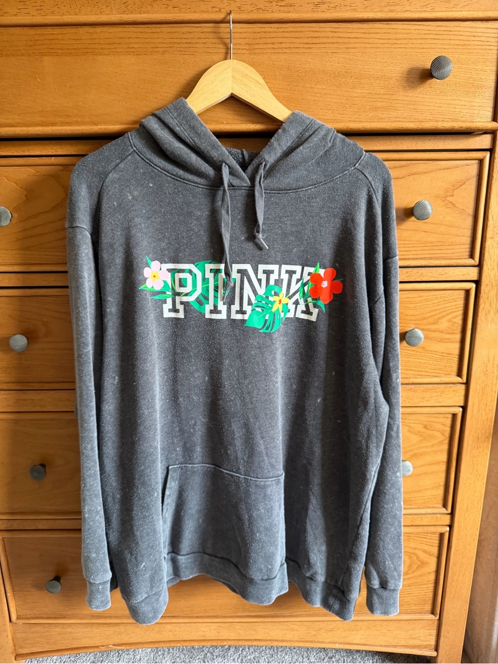 Victoria’s Secret Pink Acid Wash Hoodie Sweatshirt Floral Logo Gray Size Large